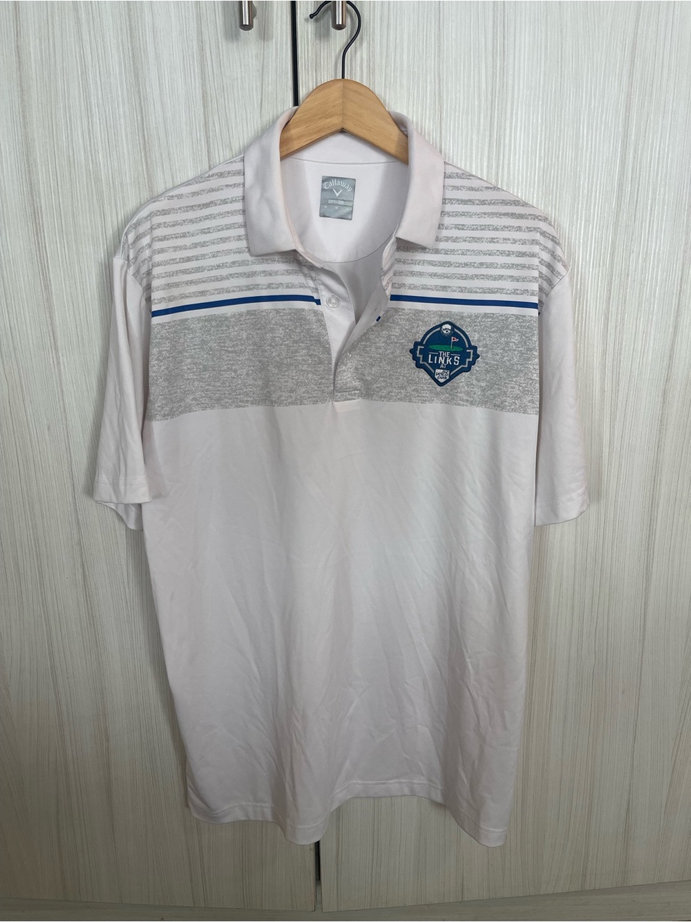 Callaway White Polo with Gray Band and Blue Logo Accent